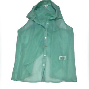 Aeropostale Sheer Button Down Top‎ Sleeveless Blouse Collared Green M